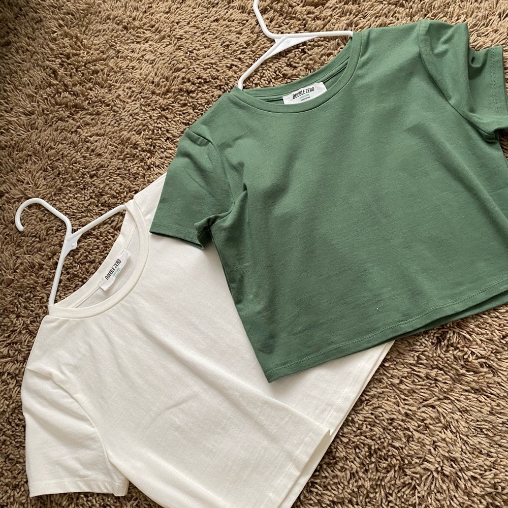 Green and White Cropped T-Shirts